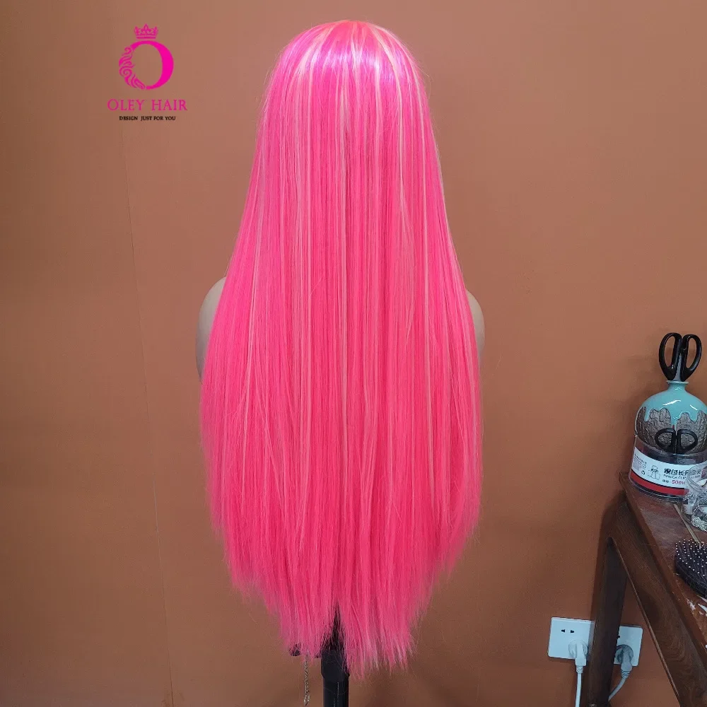 OLEY Pink Synthetic Lace Front Wig 13*4 Ombre Synthetic Wigs For Women Highlight Silky Straight Fibre Hair Wig Cosplay Wig