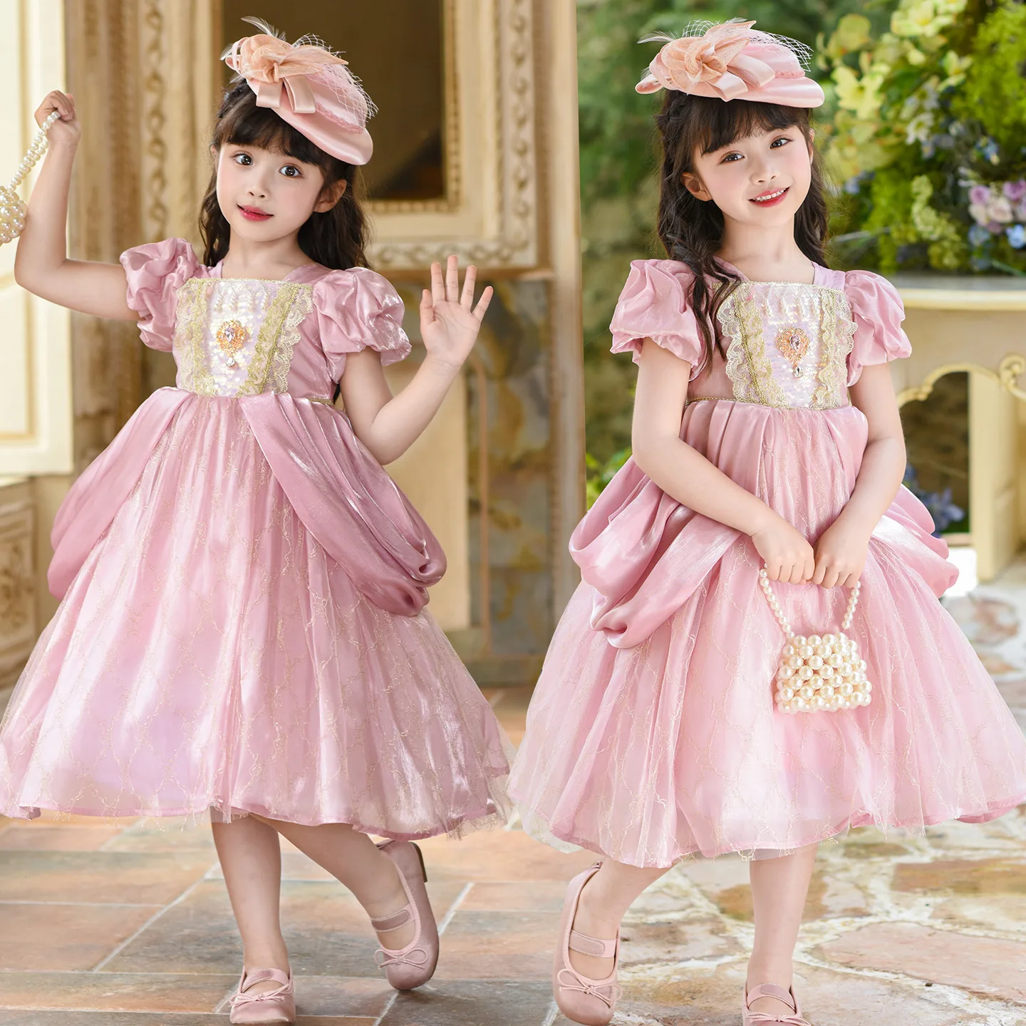 Girl's pretty princess dress, little girl's palace style bubble sleeves, birthday dress, fashionable summer style