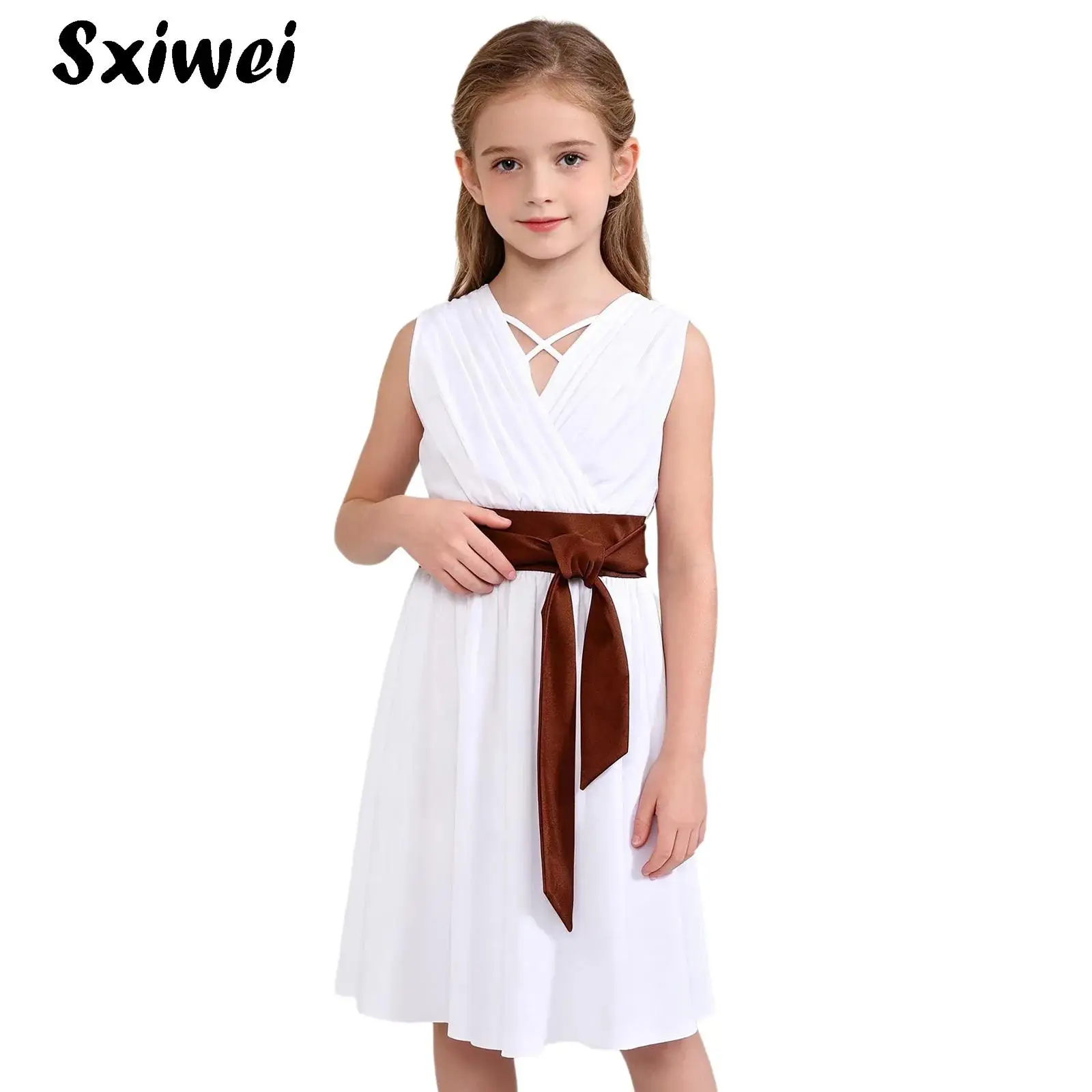Girls Athena Costume Princess Ancient Greek Roman Toga Sleeveless Knee Length Pleated Dress Halloween Movie Characters Dress Up