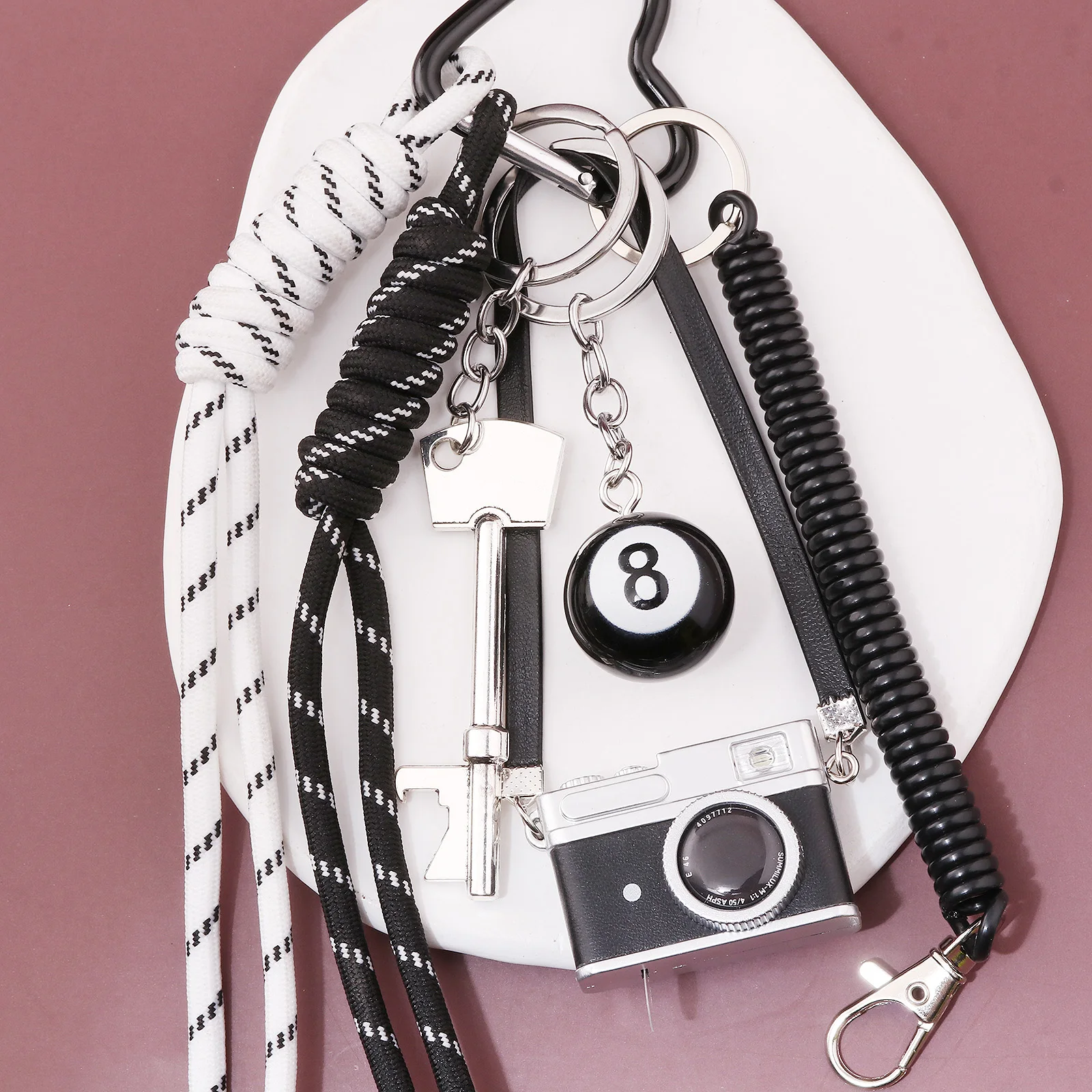 Creative Fashion Large camera Black 8 Billiards Keychain Pendant Y2K Girl Style Bag Pendant Mobile Phone Lanyard Accessories