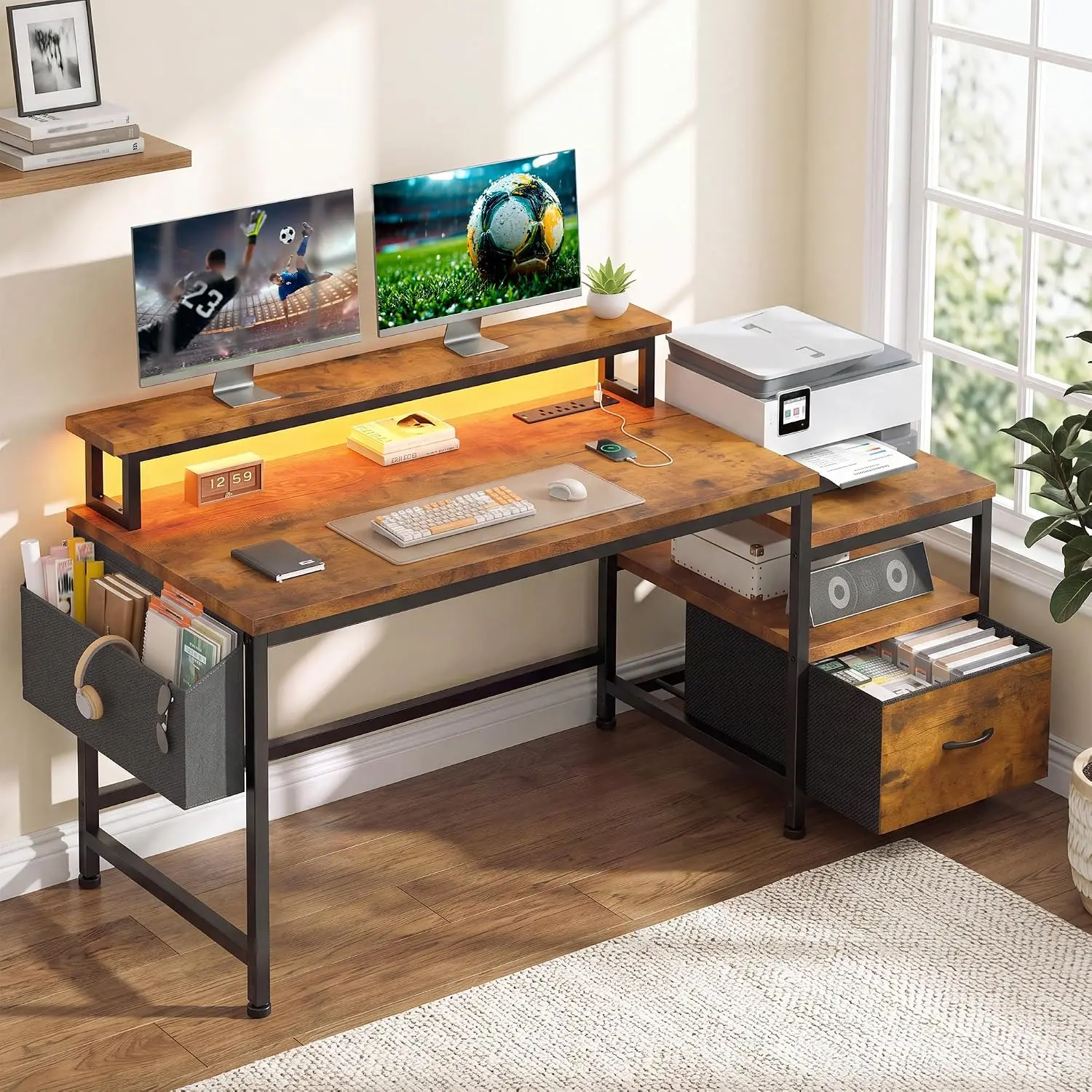 Computer Desk with 3 AC Outlets& 2 USB Ports,Waterproof LED Strip Lights,Monitor Stand & Side Pockets,Home Office,Bedroom