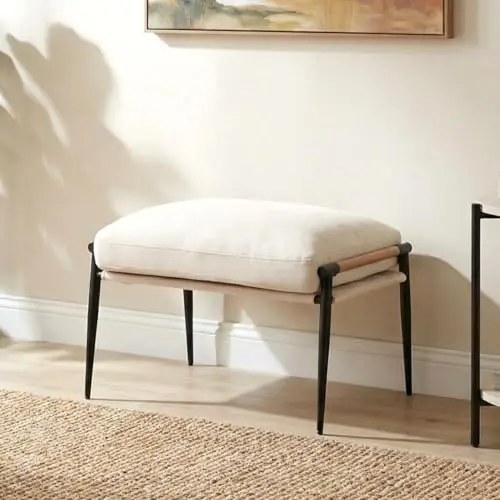 Cute Chenille Single Footrest, Upholstered Footstool with Black Metal Legs Mid Century Modern Vanity Room Ottoman Shoe