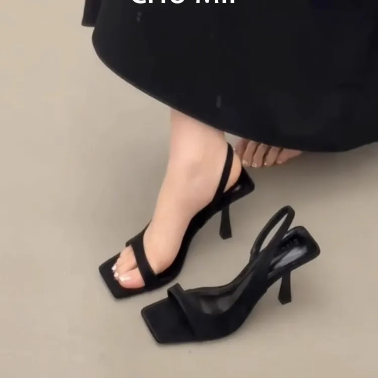 

Elegant Black Leather Open-Toe French Style Women's Sandals Simple Square Head Thin Heel High-Heeled Shoes Korean Version