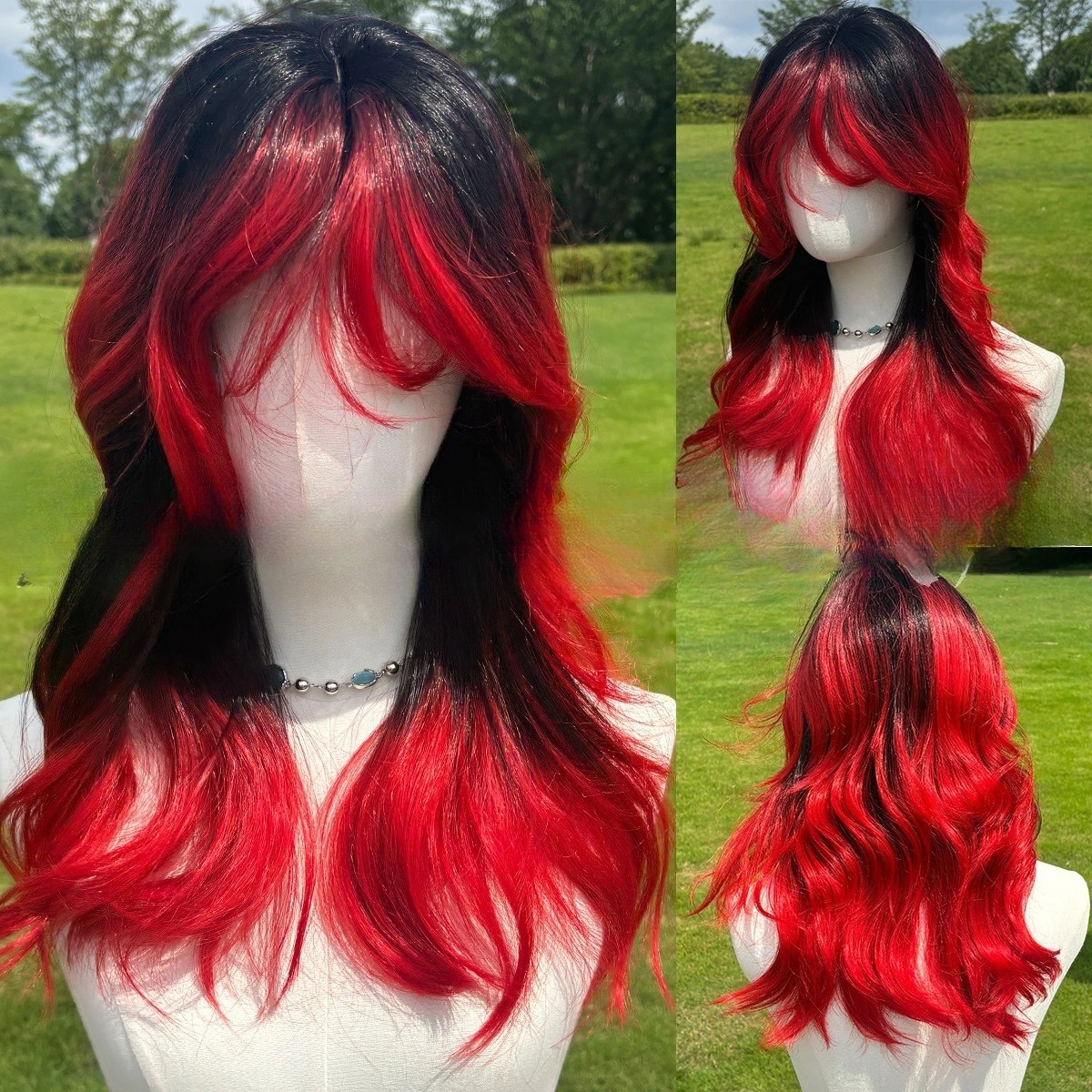 

European and American wigs women fashion popular fake headgear medium divided long roll 20 inches red gradual change high temper