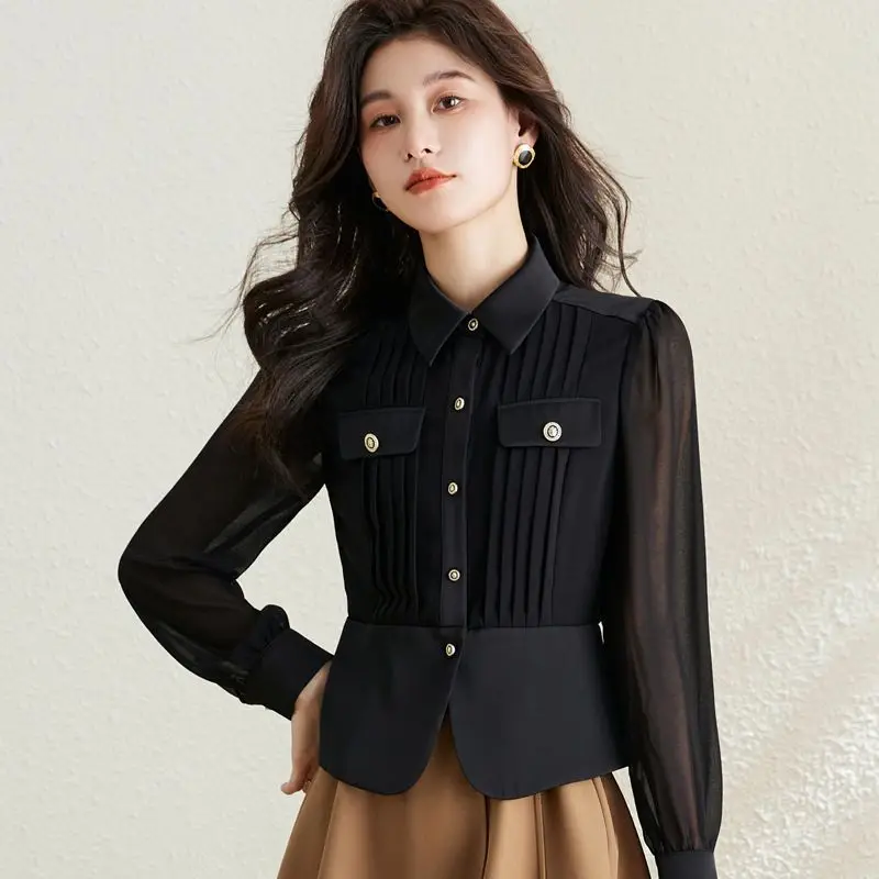 Women Shirt Thin Turn-down Collar Button Sweet Solid Pockets Spring Summer Dignified Temperament Chiffon Women\'s Clothing Formal