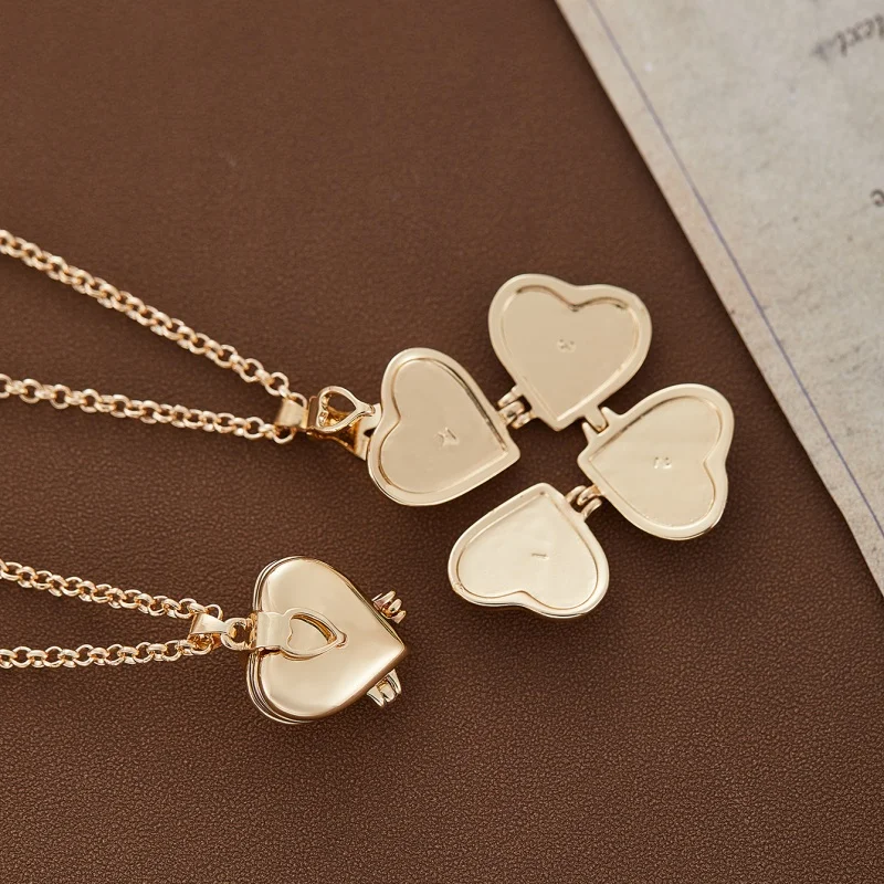 1PC Vintage Fashion Golden Color Heart Shaped Pendant Can Be Placed on The Photo Necklace for Women Jewelry