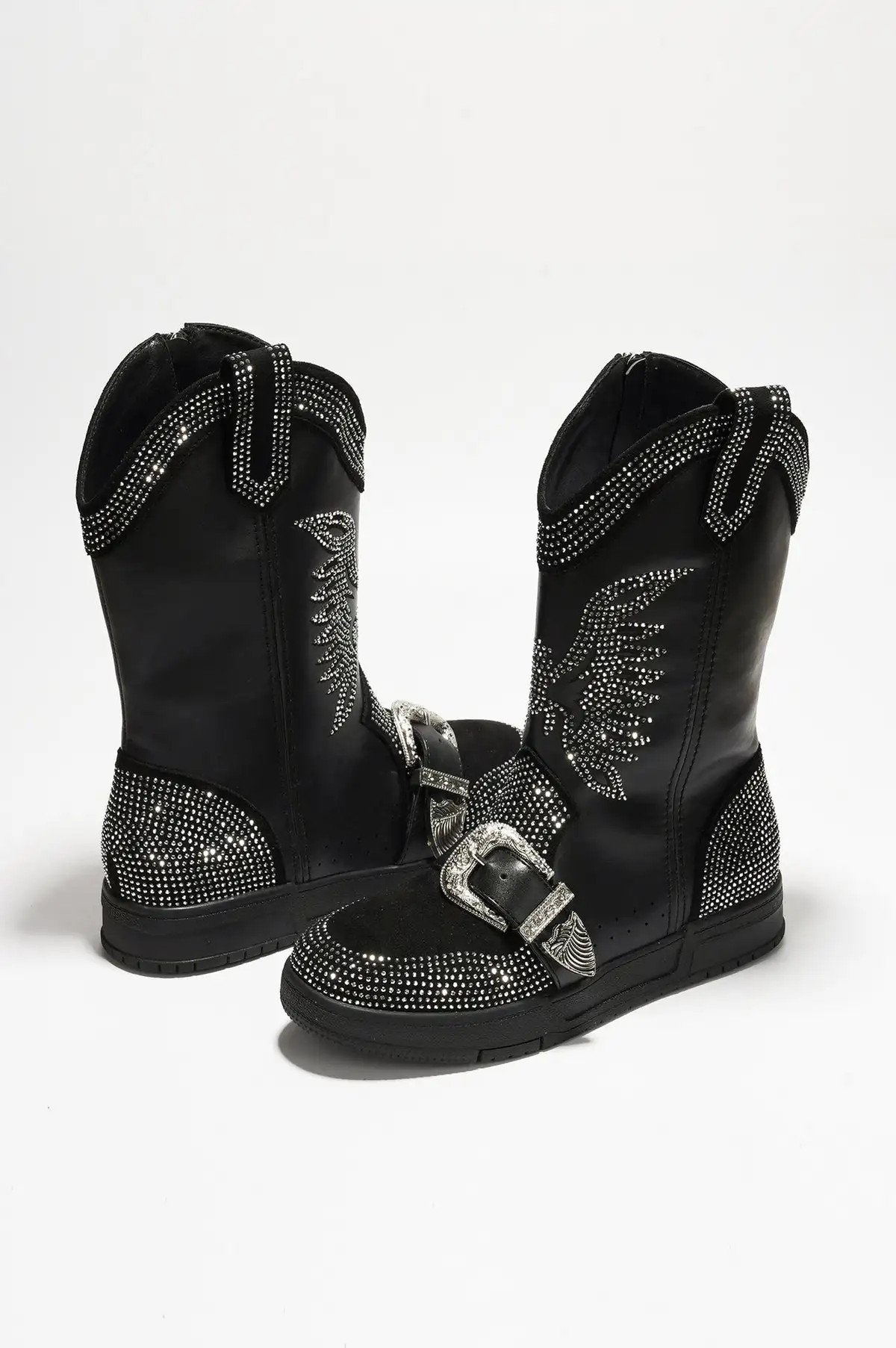 2024 New Mid-tube  Boots Pu Thread Hook Lace Frosted Lady Boots Large Size Women's Shoes Buckle Belt Crystal Boots 44