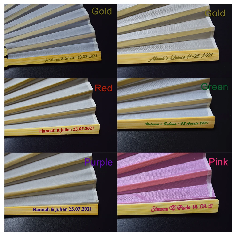 30/40/50pcs Personalize Bamboo Fabric Portable Hand Fan with Box for Wedding Favors Gift with Customs Names and Date