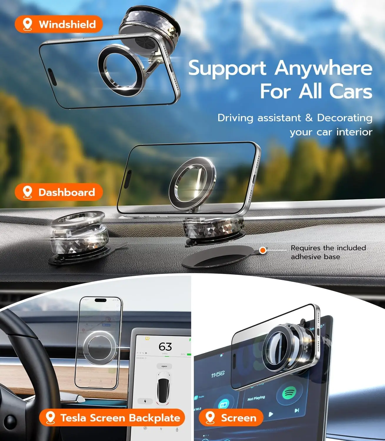 All-Metal Magnetic Car Phone Holder with 360° Rotation, Vacuum Suction Cup Mount for iPhone & Android