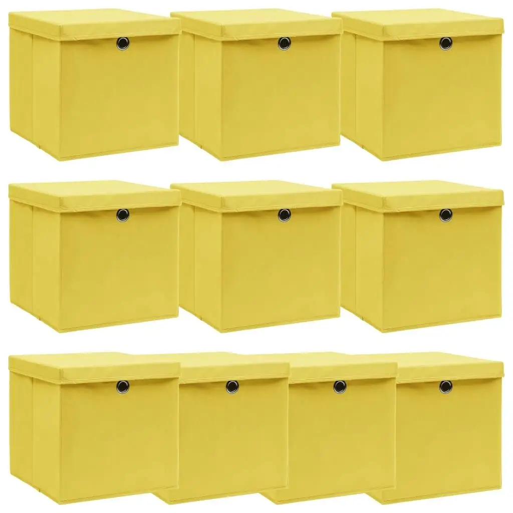 10 Pcs Yellow Fabric Storage Boxes with Lids - 32x32x32 cm for Home Organization