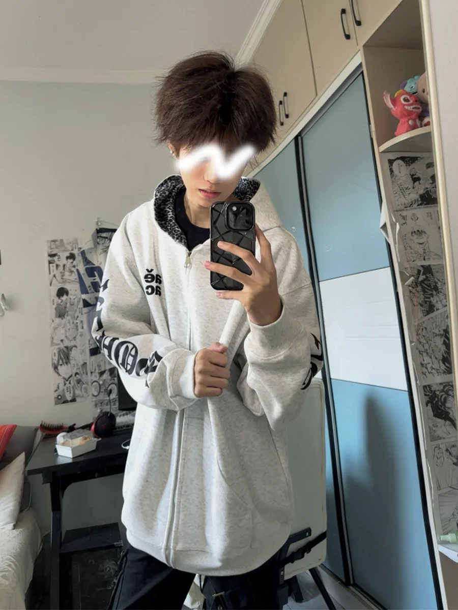 

Oversize Hoodie Jaet American High Street Leopard Print Zipper Loose Men's Women's Autumn Winter Faion Brand Sweatirt