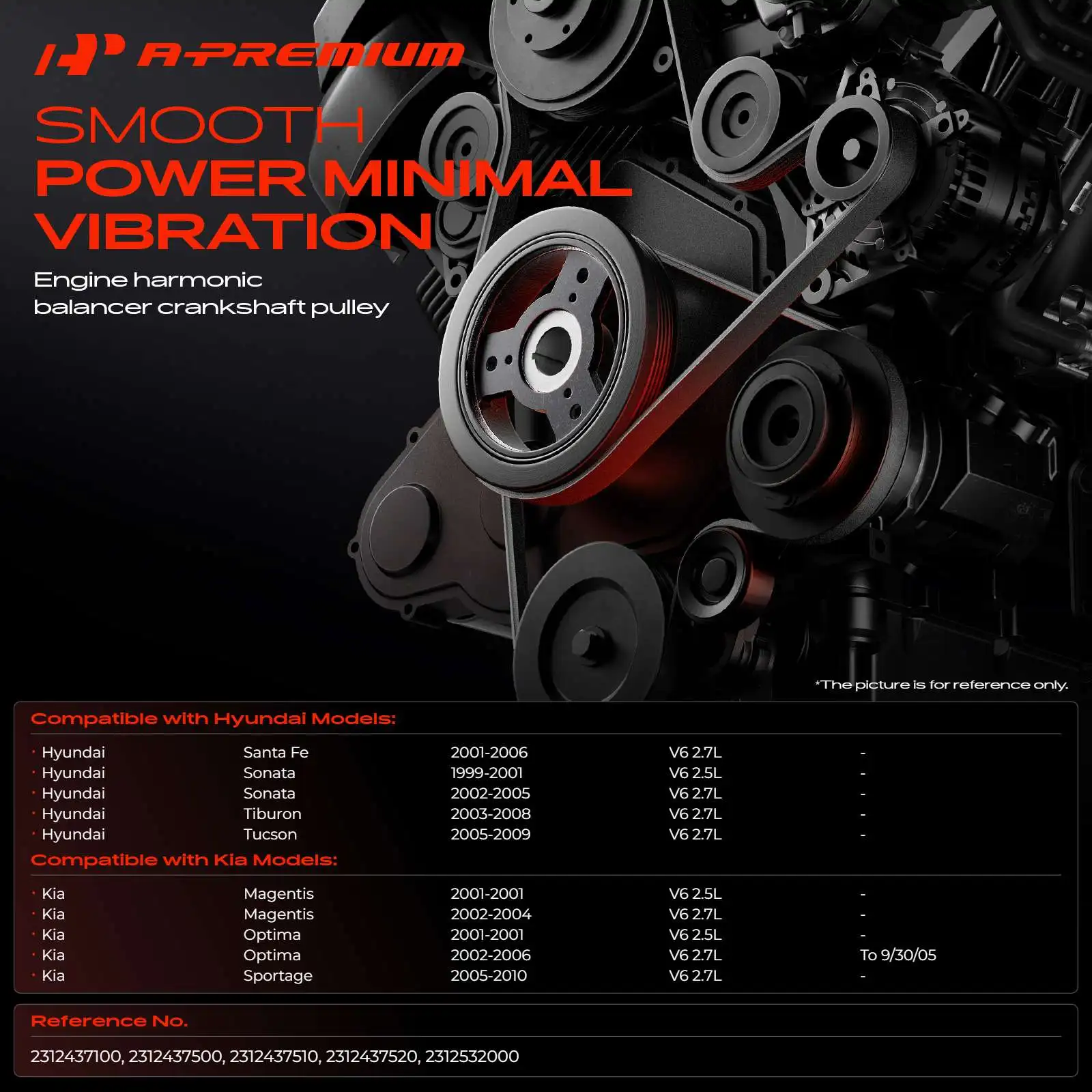 A-Premium Engine Harmonic Balancer for Hyundai Sonata 1999-2005 Santa Fe 2001-2006 Kia Optima 2001-2006 Sportage 2005-2010