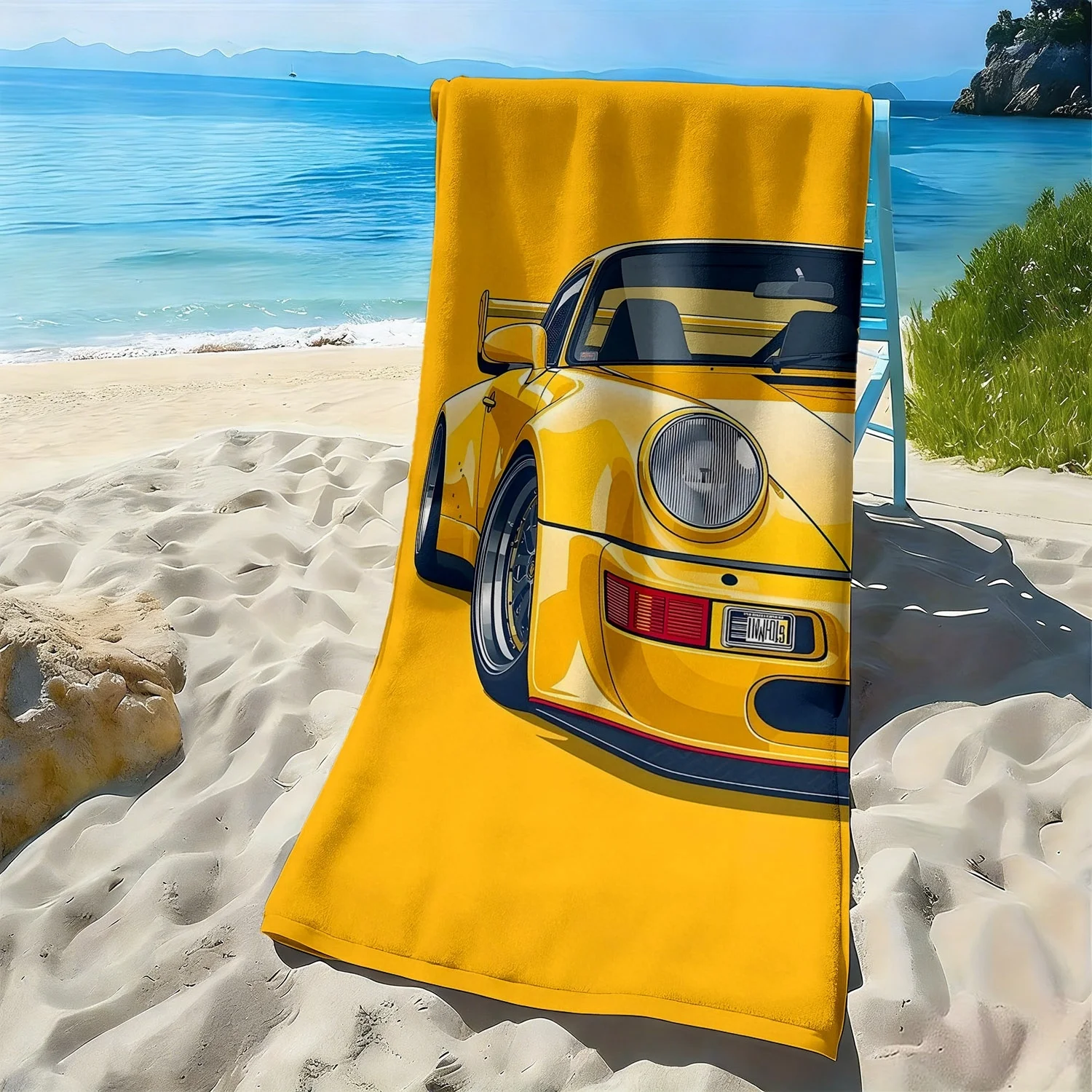 

Yellow retro sports car pattern polyester microfiber beach towel is highly absorbent, suitable for swimming and beach outings