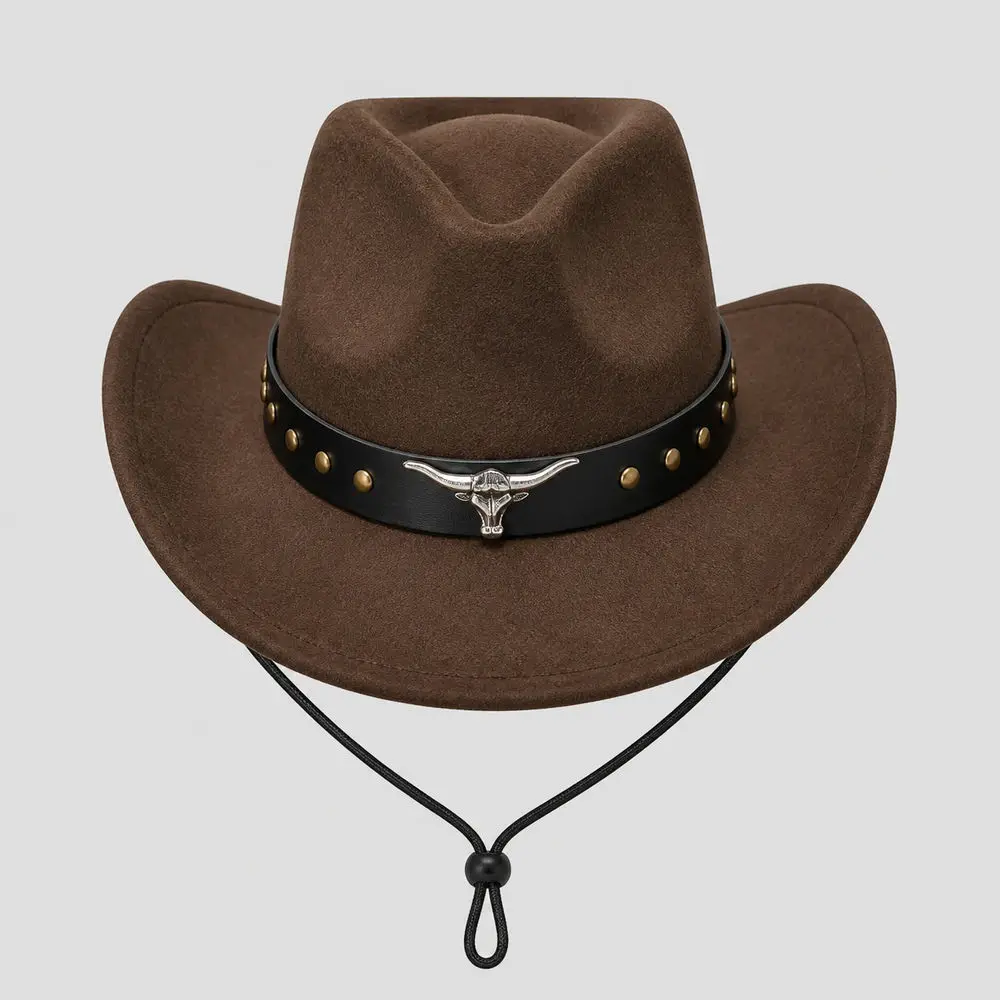 Brown Faux Suede Look Western Cowboy Hat, Curved Wide Brim, Bull Head Band, Chin Cord, Unisex Costume Headwear, Festival Outfit
