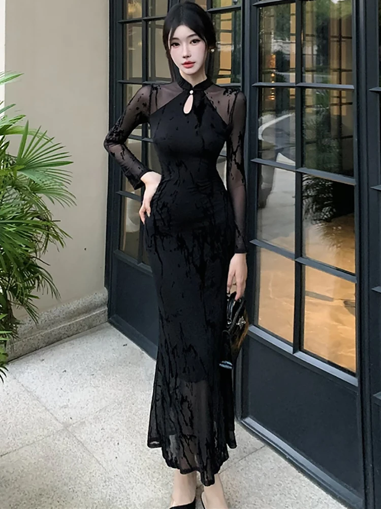 2025 Black Jacquard Patchwork Mesh Sheer Sexy Dress Autumn Winter Long Sleeve Bodycon Dress Women Korean Vintage Hepburn Dresses