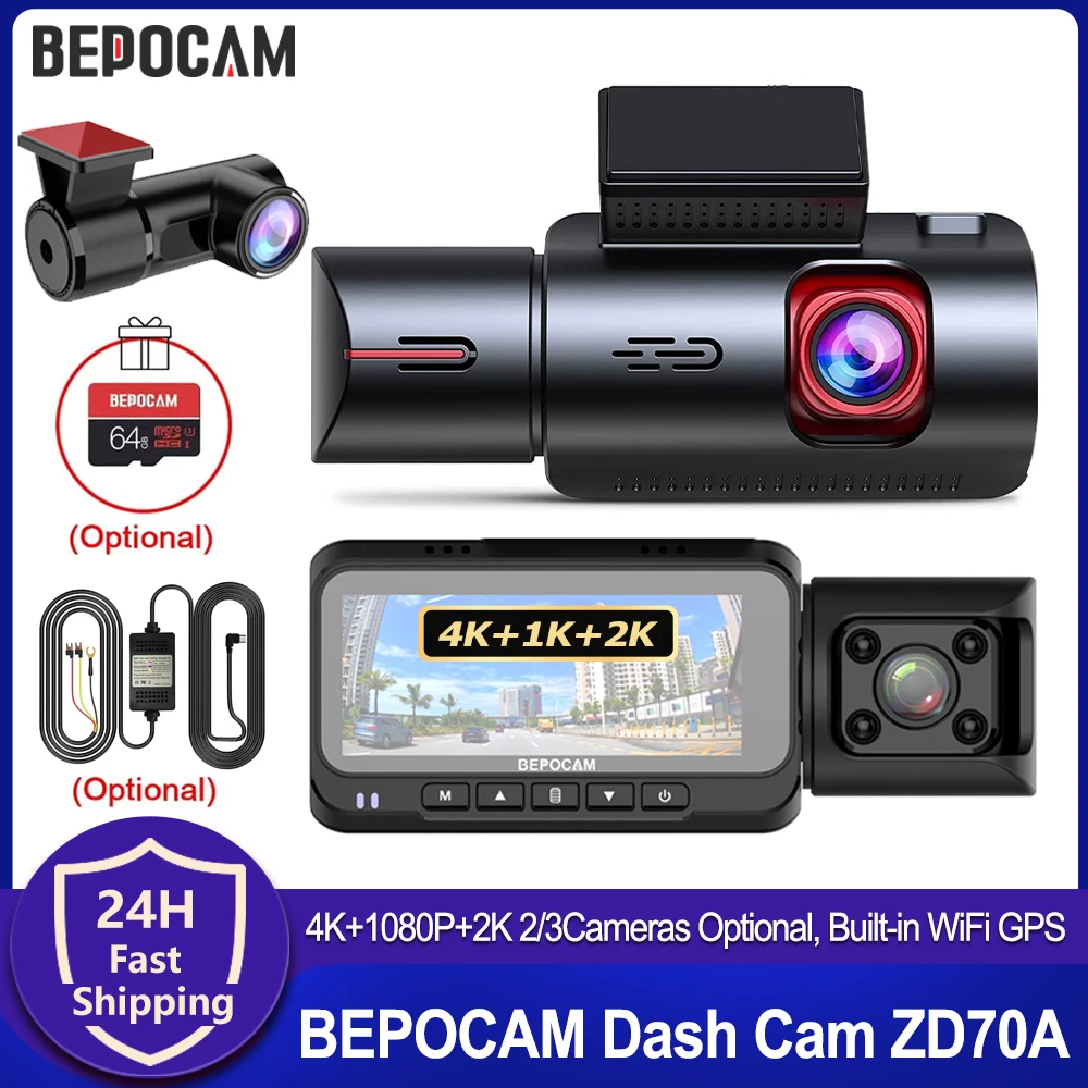 BEPOCAM 3CH 4K Dash Cam Car Cameras 3.19'' IPS Screen Built-in GPS Wifi Car DVR 24H Parking Monitor Night Vision Car Camera