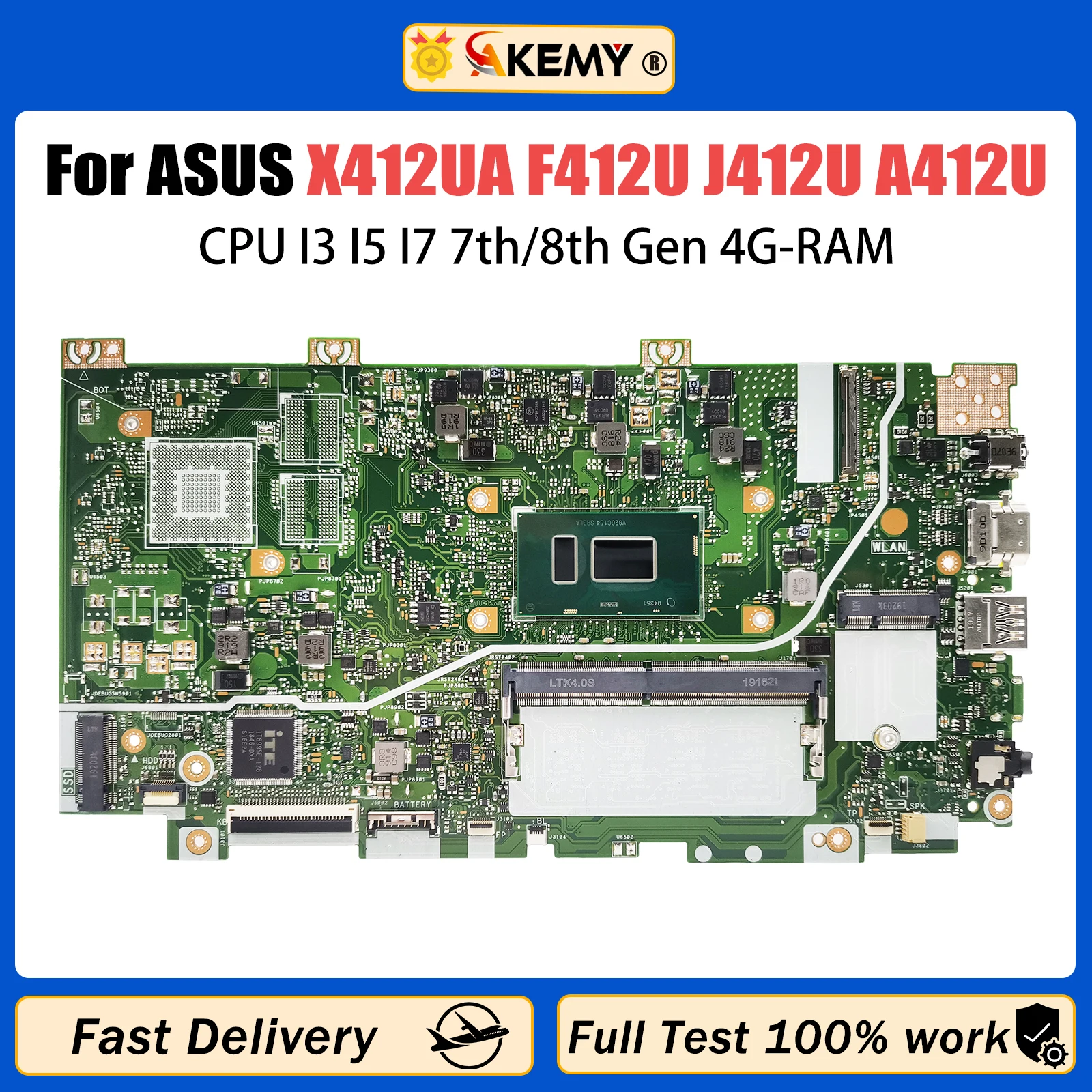 

AKEMY X412UA Laptop Motherboard For Asus Vivobook F412U J412U A412U X412UB X412UF Mainboard CPU i3 i5 i7-7th/8th Gen 4G-RAM