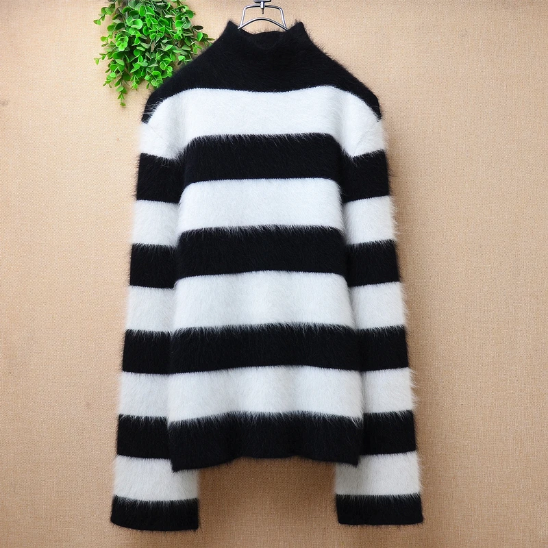 Female Women Fall Winter Clothing Hairy Striped Mink Cashmere Knitted Turtleneck Slim Blouses Pullover Angora Fur Sweater Jumper