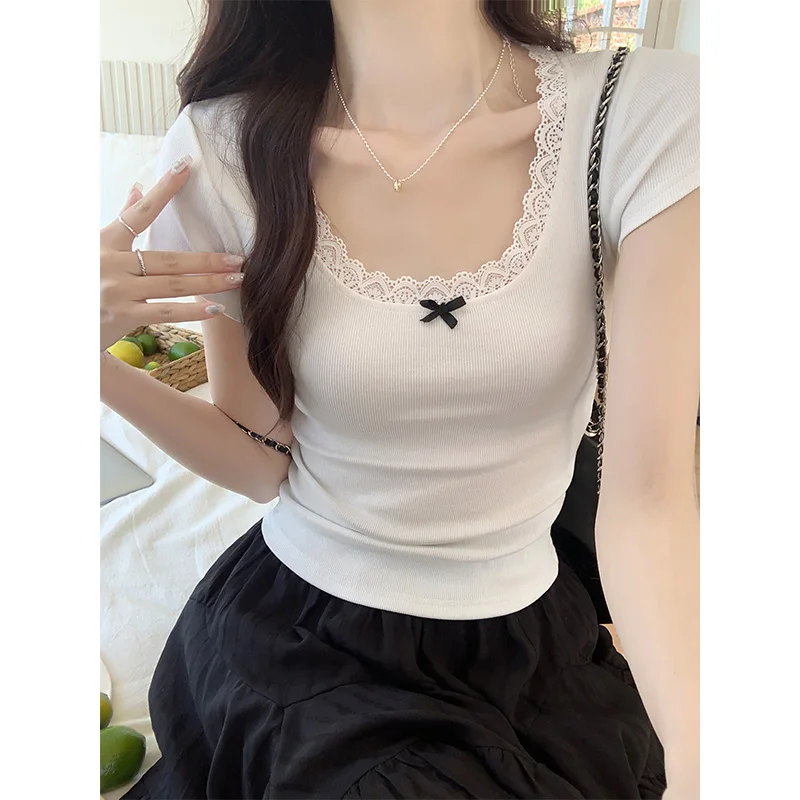 Korean Style Chic Lace V-neck Short Sleeve T-shirts Women 2024 Summer Bow Slim Short Tops Ladies Sexy Sheathy Tee Shirts