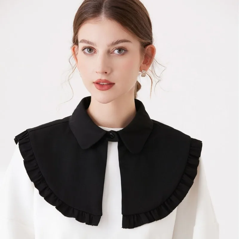 가을 여성용 라펠 가짜 칼라 숄 탑 빈티지 러플 트림 넥 케이프 여성 드레스 셔츠 탈부착 가능한 칼라