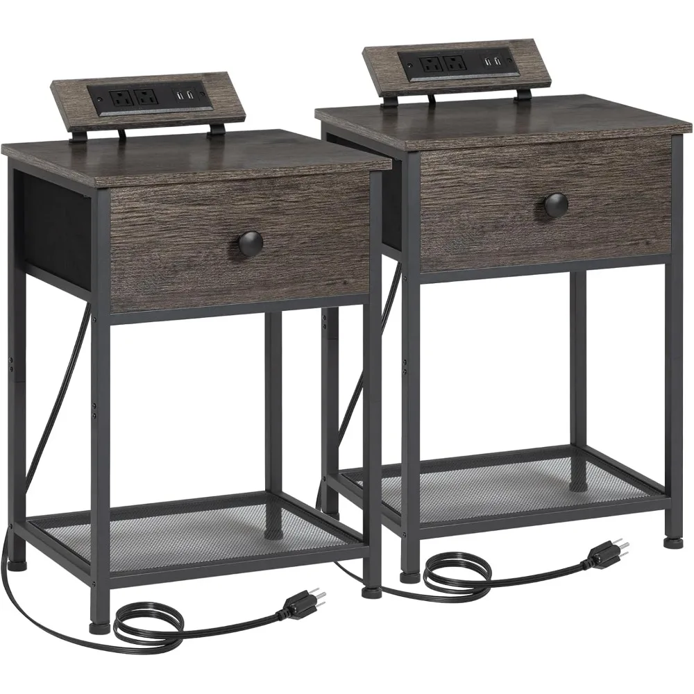 

Night Stand, End Tables Living Room Set of 2, Small Nightstand with Charging Station, Slim Bed Side Table
