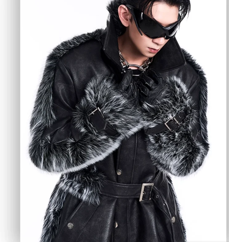 High End Light Luxury Padded Thick Warm Long Faux Leather Fur Splicing Windbreaker Coats Men's Winter Style Coats with Belt