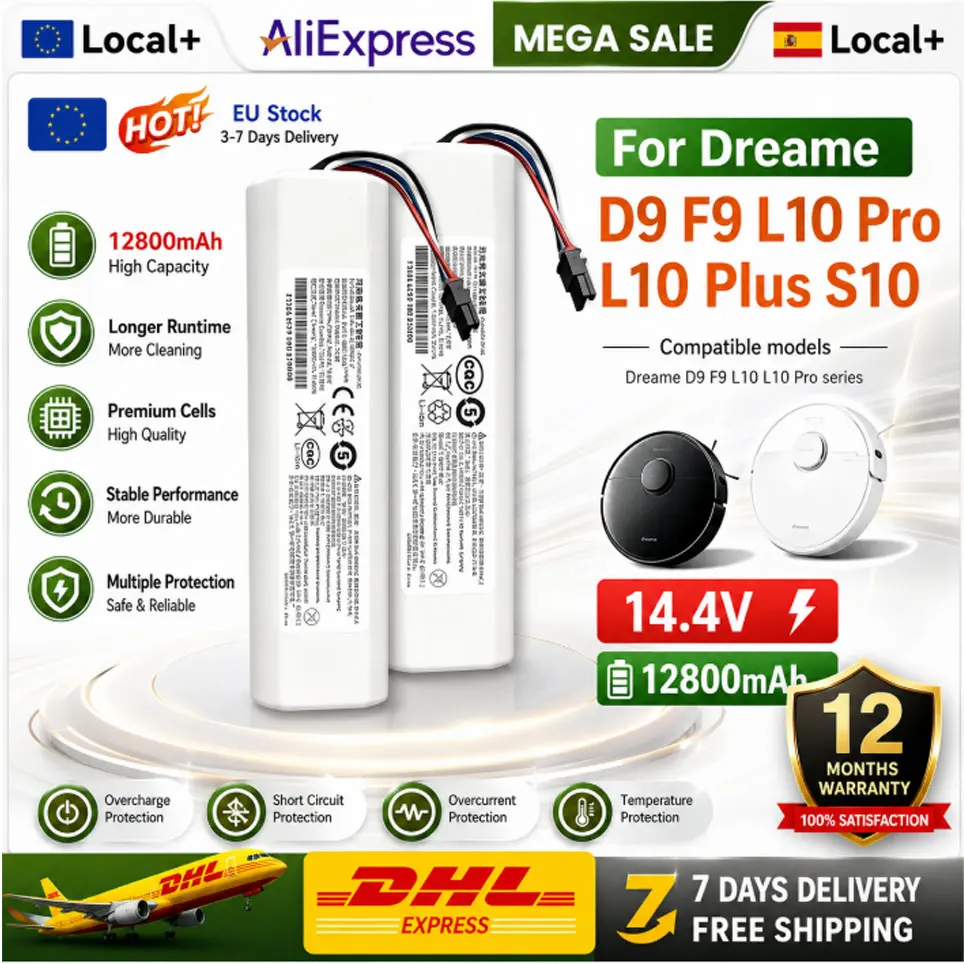 EU-Lagerbestand 14,4V 12800mAh Lithium-Akku Passend für Dreame D9 F9 D10 Plus L10 L10s Ultra Staubsauger Ersatzzubehör