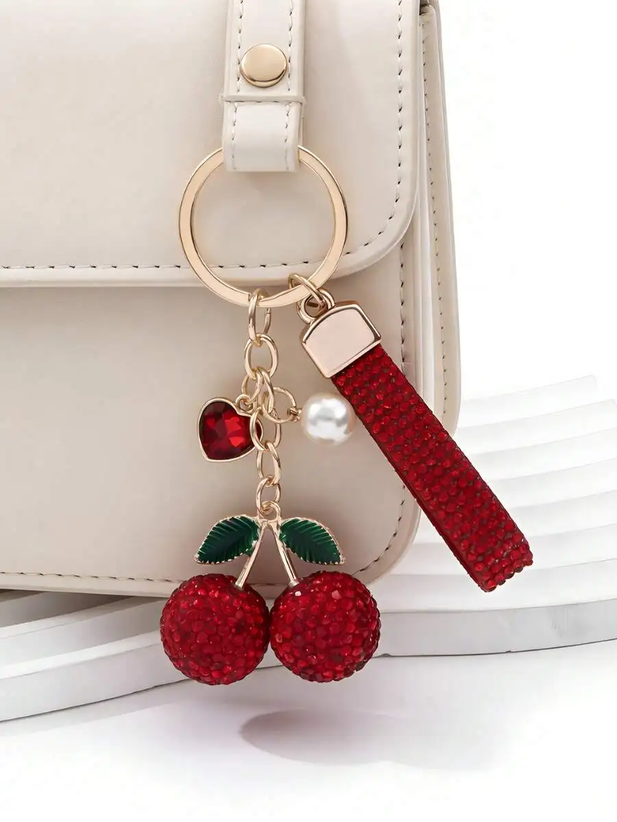 Full Diamond Cherry Keychain, Rhinestone Lanyard Design, Girly Pearl Heart Pendant, Versatile Bag & Car Key Chain, Delicate