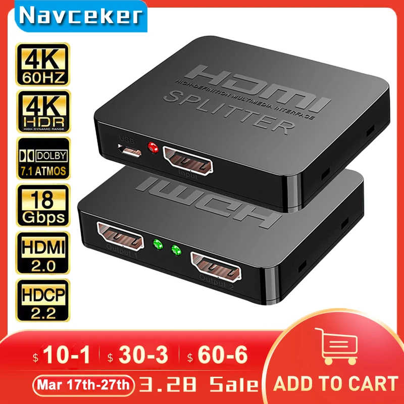 2023 Best 4K HDMI Splitter 1x2 HDMI 2.0 Splitter 1 in 2 out HDMI Amplifier Switch HDR HDMI2.0 Splitter for PS4 Apple TV XBox PS5