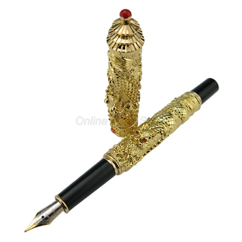 

Jinhao Golden Tower Cap Small Double Dragon Playing Pearl Heavy Fountain Pen Bent/Fine Nib Professional Office Stationery