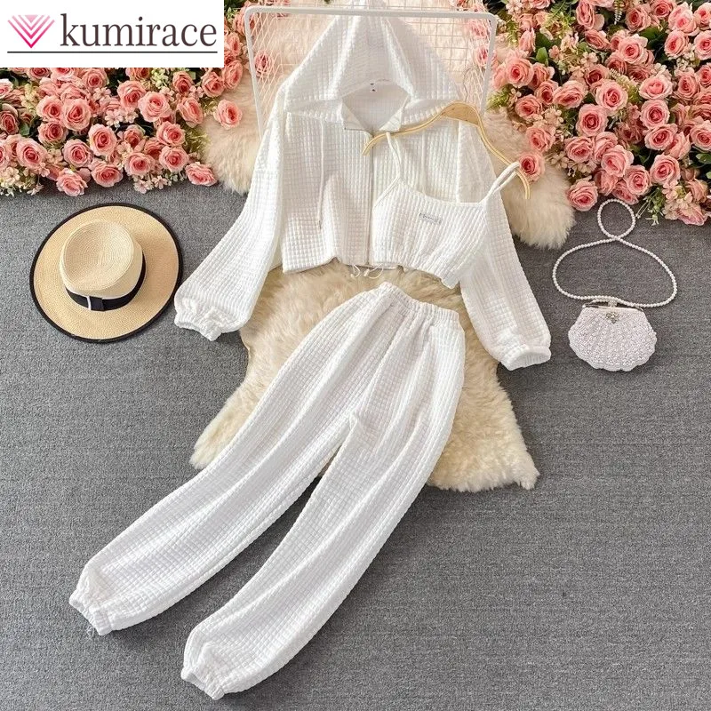 

Fashionable Age Reducing Women's Set Spring New Loose and Skinny Hoodie Coat Tank Top Wide Leg Pants Three Piece Set