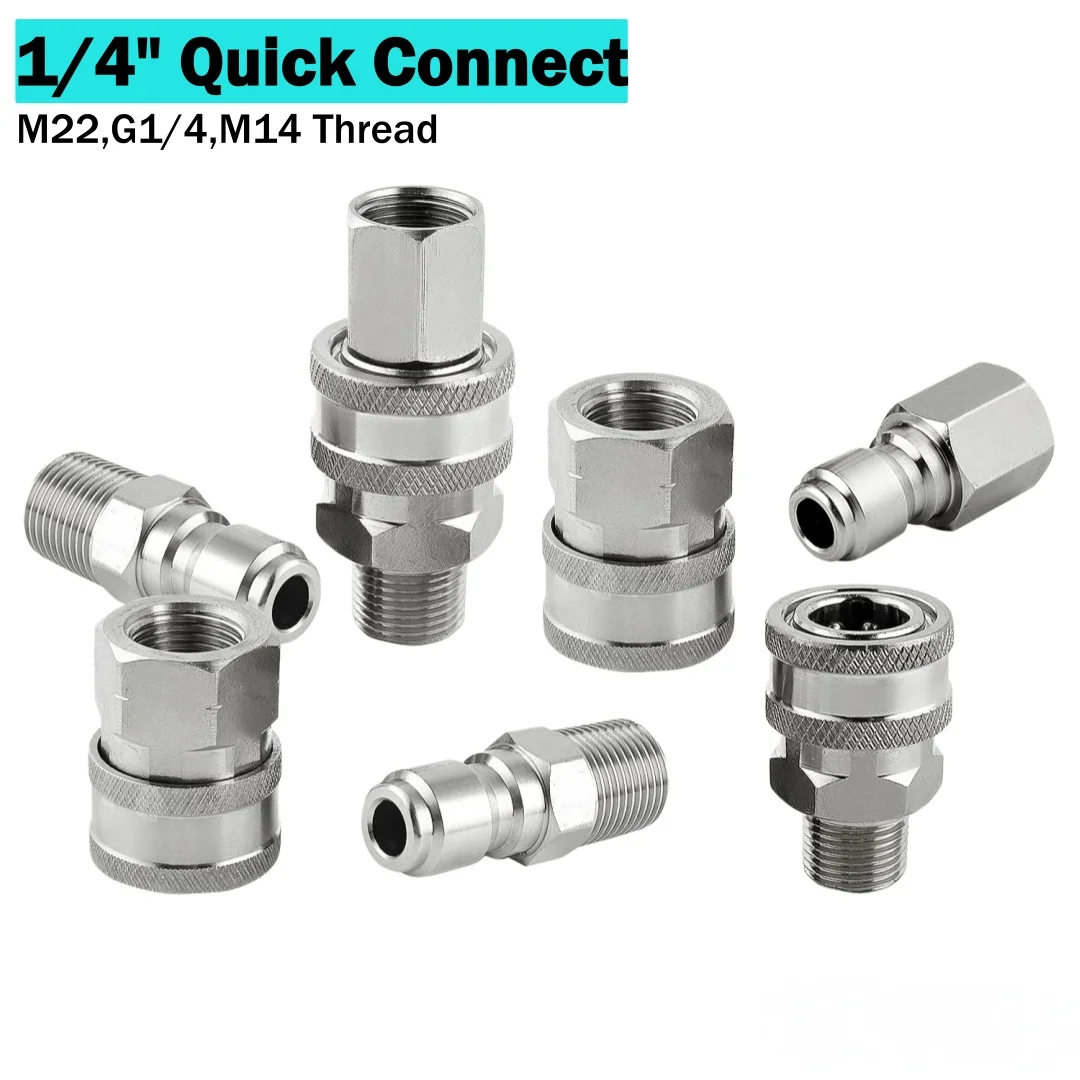 Various 1/4" Quick Plug & Connector Stainless Steel Car Wash Gun Adaptors With G1/4 M14 M22 Thread Female Male
