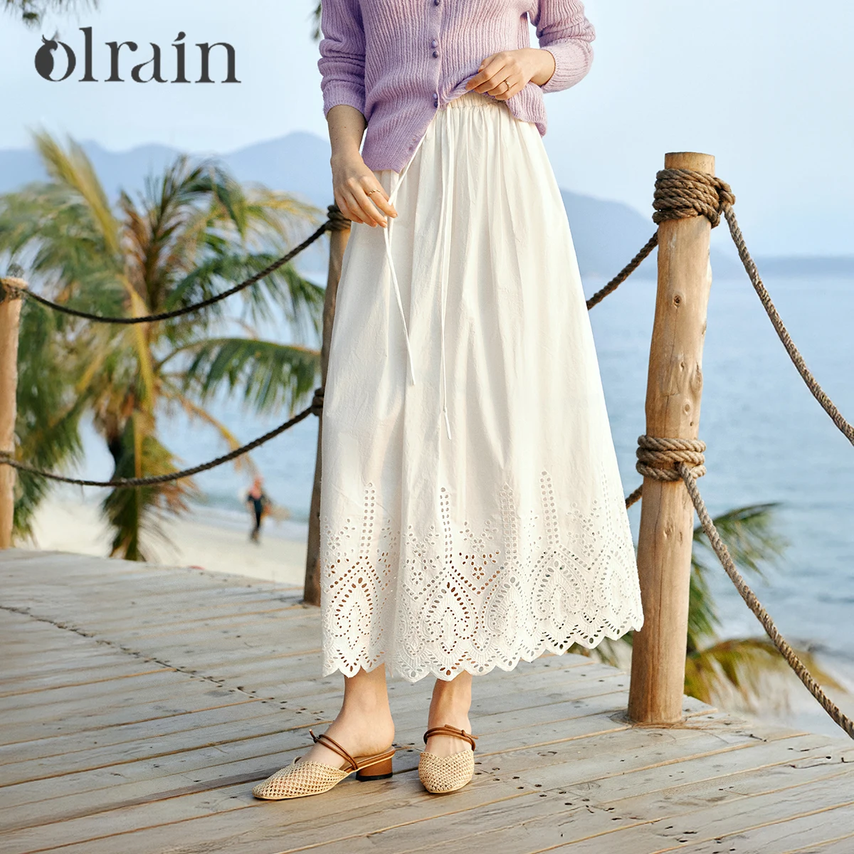 OLrain White A-line Skirt Elegant Pure Cotton Hollow Out Skirts Spring 2026 French Style Draw String Lady Midi Skirt O58CB99239