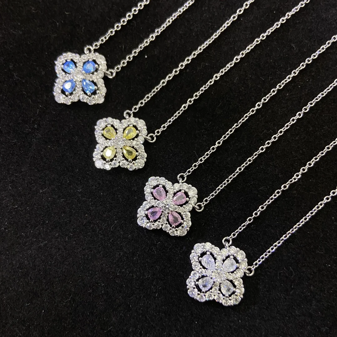 

S925 Pure Silver Diamond Necklace Rainbow Clover Women's Zircon Mother's Day Gift