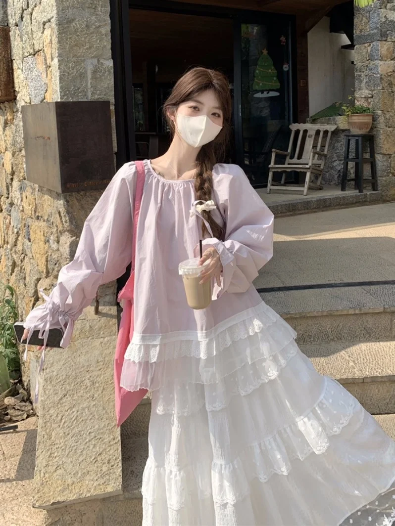 

Sweet Purple Lace Splice Bell Sve irt Women's Loose Casual irt Spring Summer Anti-Aging Super Beautiful Commute Sle