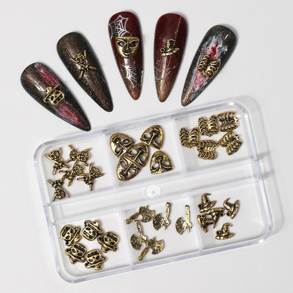 6 Grids Halloween Nail Charms 3D Alloy Gold Silver Nail Rhinestones Glossy Retro Gems Design Devil Skull Nail Art Supplies