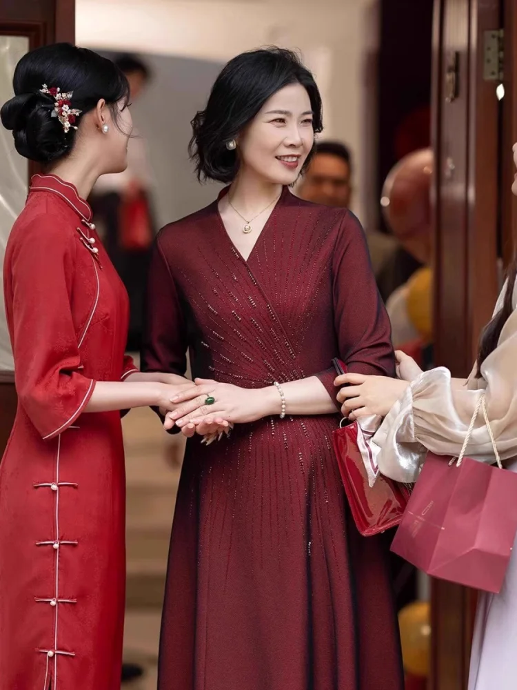 

Ele Red Dr Wedding Ceremony Matron of Costume Slimming Chinese Sle for Older Women Breathable Polyester