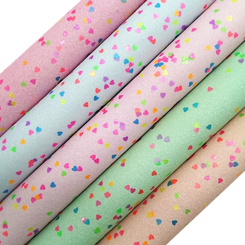 Pastel Colors Fine Glitter Leather Faux Fabric Vinyl with Twill Backing Hearts Glitter Sheets for Bows Earrings 21X29CM MB525