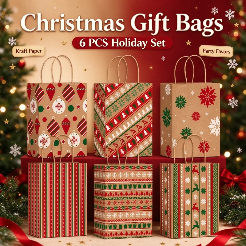 12Pcs Christmas Kraft Paper Gift Bags, 6 Designs Xmas Holiday Treat Bags,for Gift Wrapping, Candy & Cookie Packaging