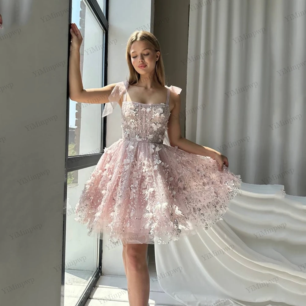 

Mini Butterfly Pink Birthday Dress For Woman Spaghetti Straps Flowers Prom Dresses Above Knee vestidos de fiesta Customized