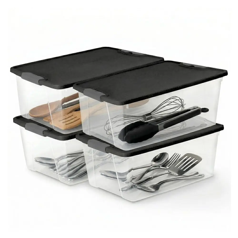 

Набор из 4 контейнеров с надежными защелками, прозрачные пластиковые органайзеры для хранения, 15 кварт, с серыми крышками, штабелируемые, для спальни, ванной комнаты, гостиной