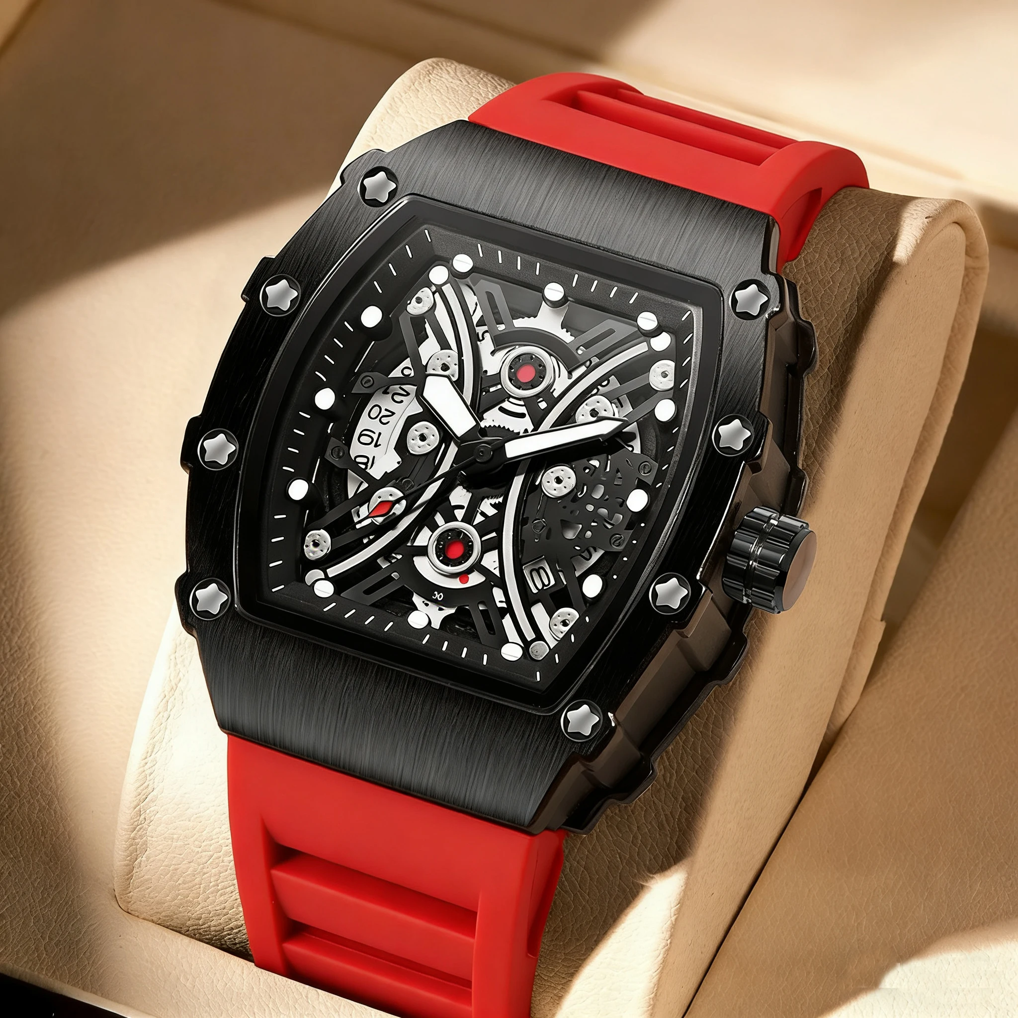 New Men's Sports Fashion Quartz Watch, Exquisite Design, Trendy and Fashionable, Luminous Display, Barrel-Shaped Watch, Silicone Strap, Plastic Case, Electronic Quartz Movement, Suitable for Men, Ideal Gift for Valentine's Day, Easter, Halloween, Ramadan, Birthdays, Christmas, and for Friends