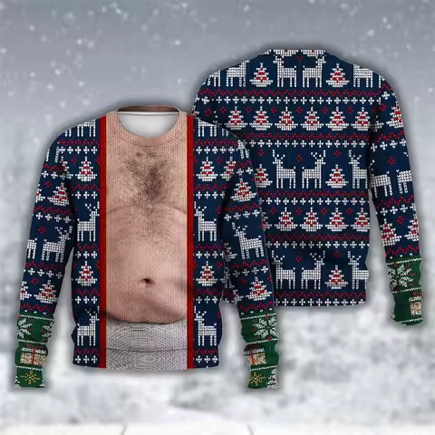 3D Print Funny Faux Belly Realistic Ugly Christmas Sweater For Men Women Santa Meme Funny Christmas Xmas Sweatshirt Clothes Gift