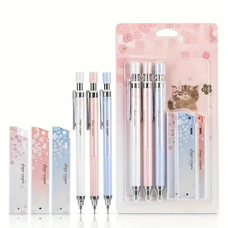（3 pens (HB), 3 boxes of lead (HB) ）0.5mm Cherry-Colored Mechanical Pencil - Cute and Fresh Student Click Pen Set