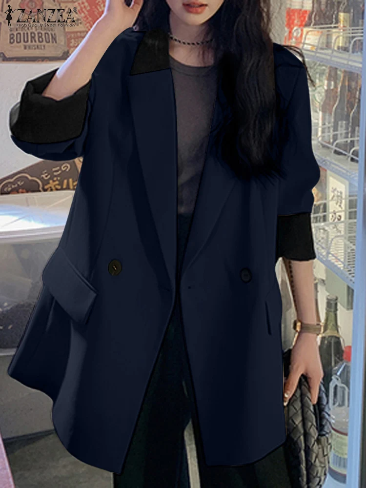 ผู้หญิง Colorblocck เดินทางแจ็คเก็ต ZANZEA Casual หลวม Blazer Office Lady แขนยาวชุด Elegant Double-Breasted Coats