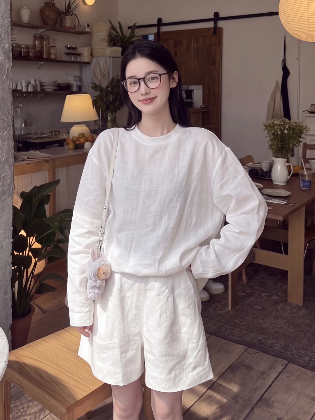 Summer 2026 White Minimalist Loose Women's Top Bottoms Set Casual Style Long Sleeve Two-Piece Suit Polyester Fiber