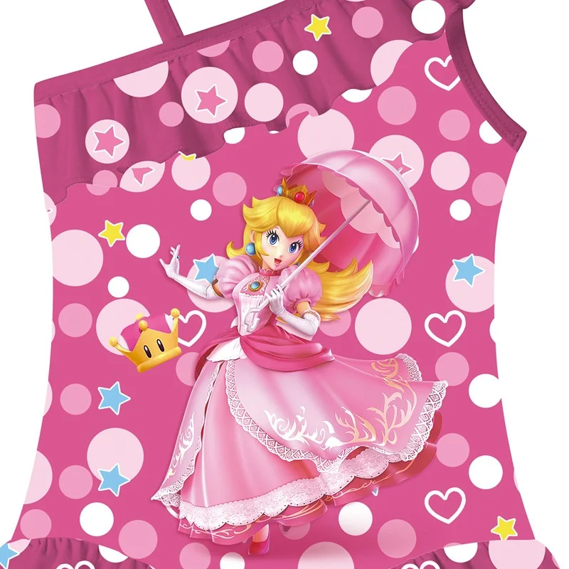 Bañador de princesa melocotón para niños, traje de baño de una pieza con estampado de dibujos animados, traje de baño con volantes, ropa de playa