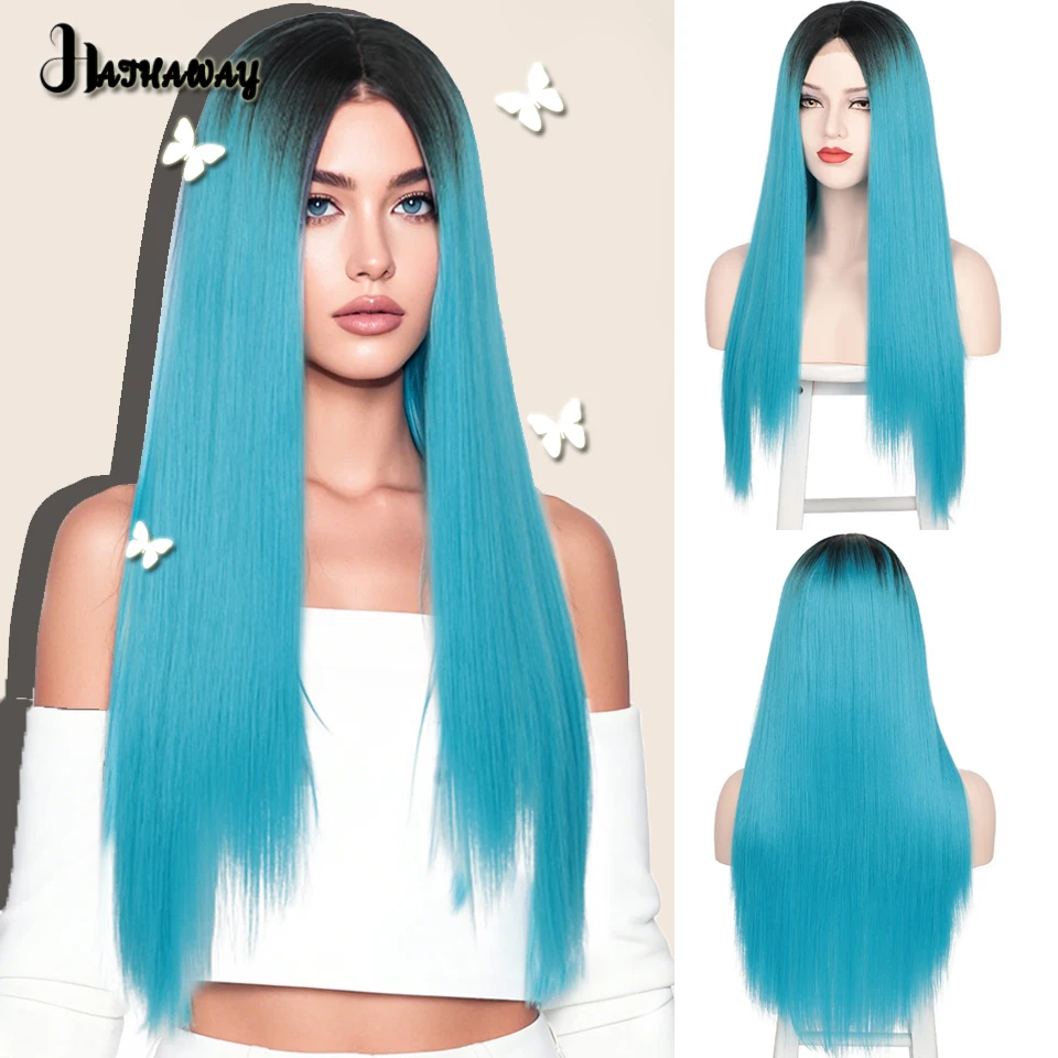 Synthetic Wig 30 Inch Black Gradient Blue Long Straight Hair Wig Women Smooth And Light Party Holiday Activities Daily Wear Wig