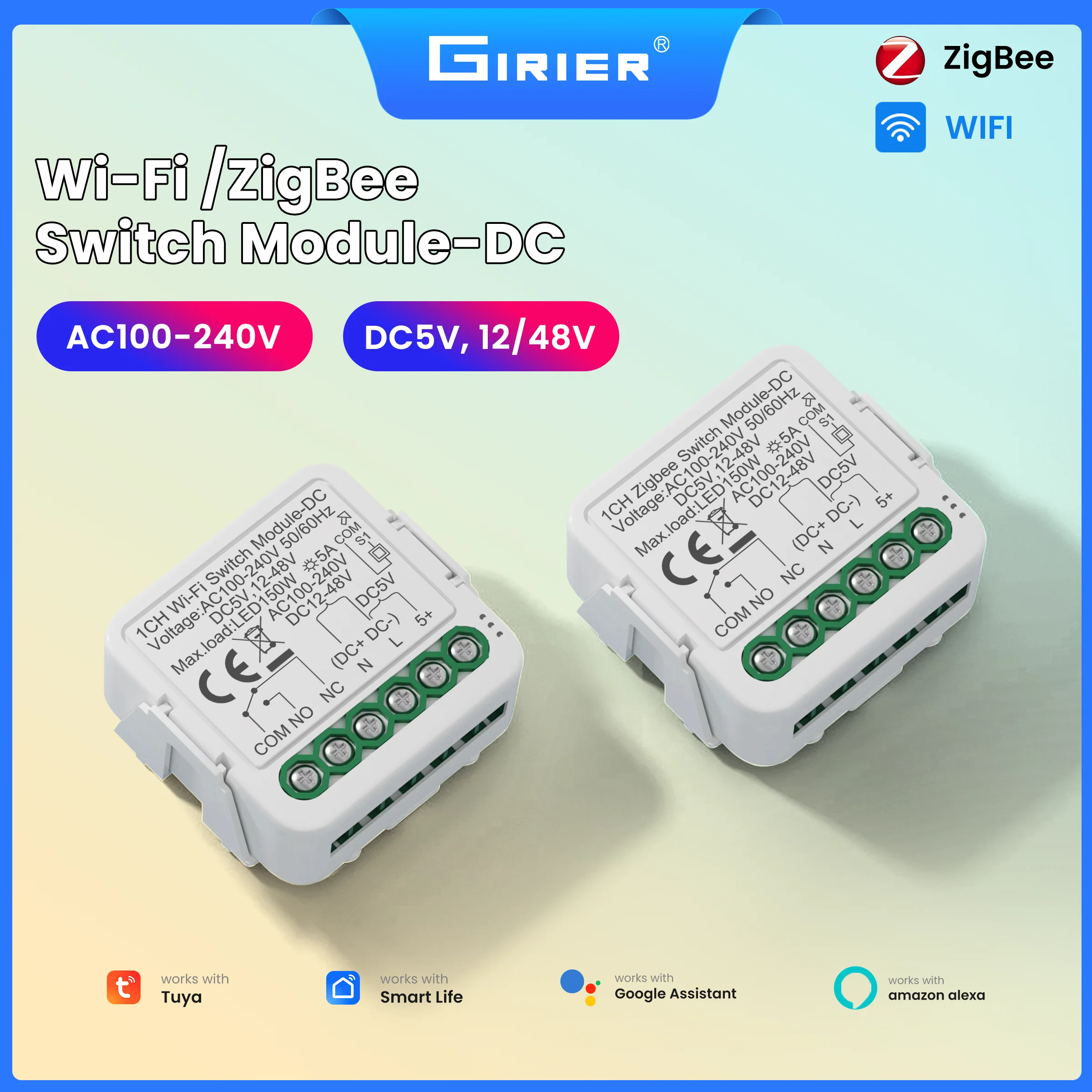 GIRIER Tuya Smart Switch Module ZigBee/WiFi Dry Contact Module Supports DC5V 12-48V AC100-24V Input Support Timing Control Alexa
