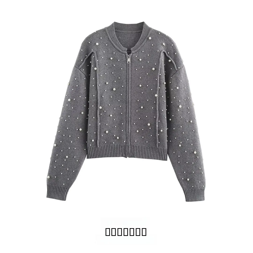 

KASLEAD New Pearl Decorated Knitted Flight Jaet Women's Faion Versatile Simple Sle Winter Outerwear round Ne Zipper